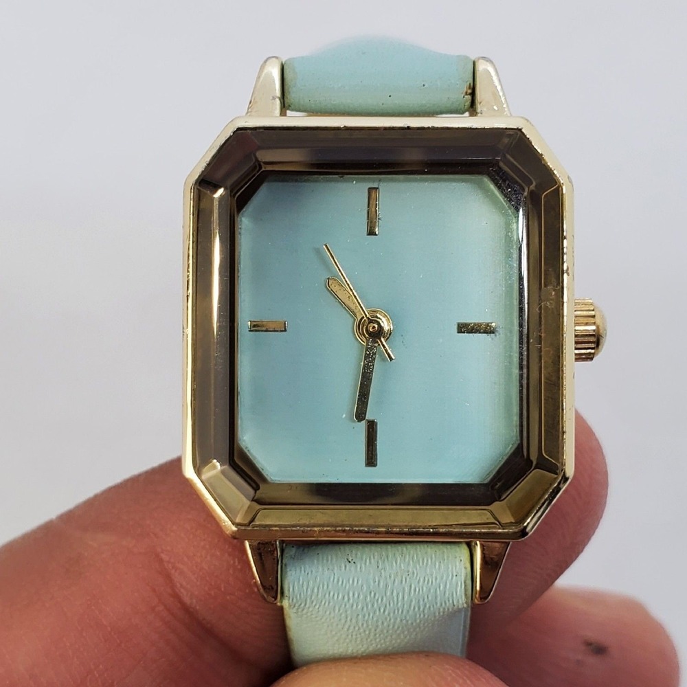 20MM Women's Watch Gold‎ Tone Case Aqua Faux Leather Bands New Battery